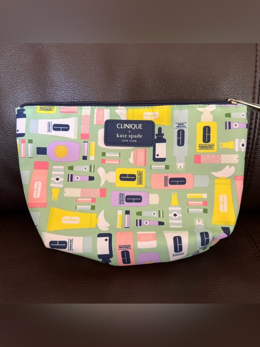 Clinique x Kate Spade Cosmetic Pouch — Mint with Yellow & Pink Print 9” x 6”